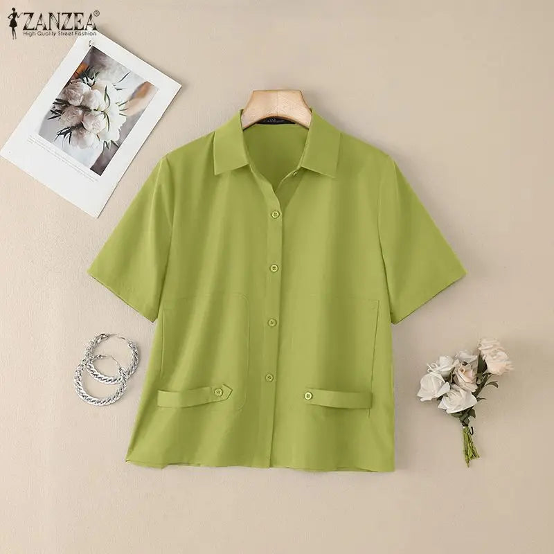 ZANZEA Summer Short Sleeves Woman Shirts Turn-Down Collar Pockets Button Up Casual Chic Tops Fashion Solid Color Chemises Femme