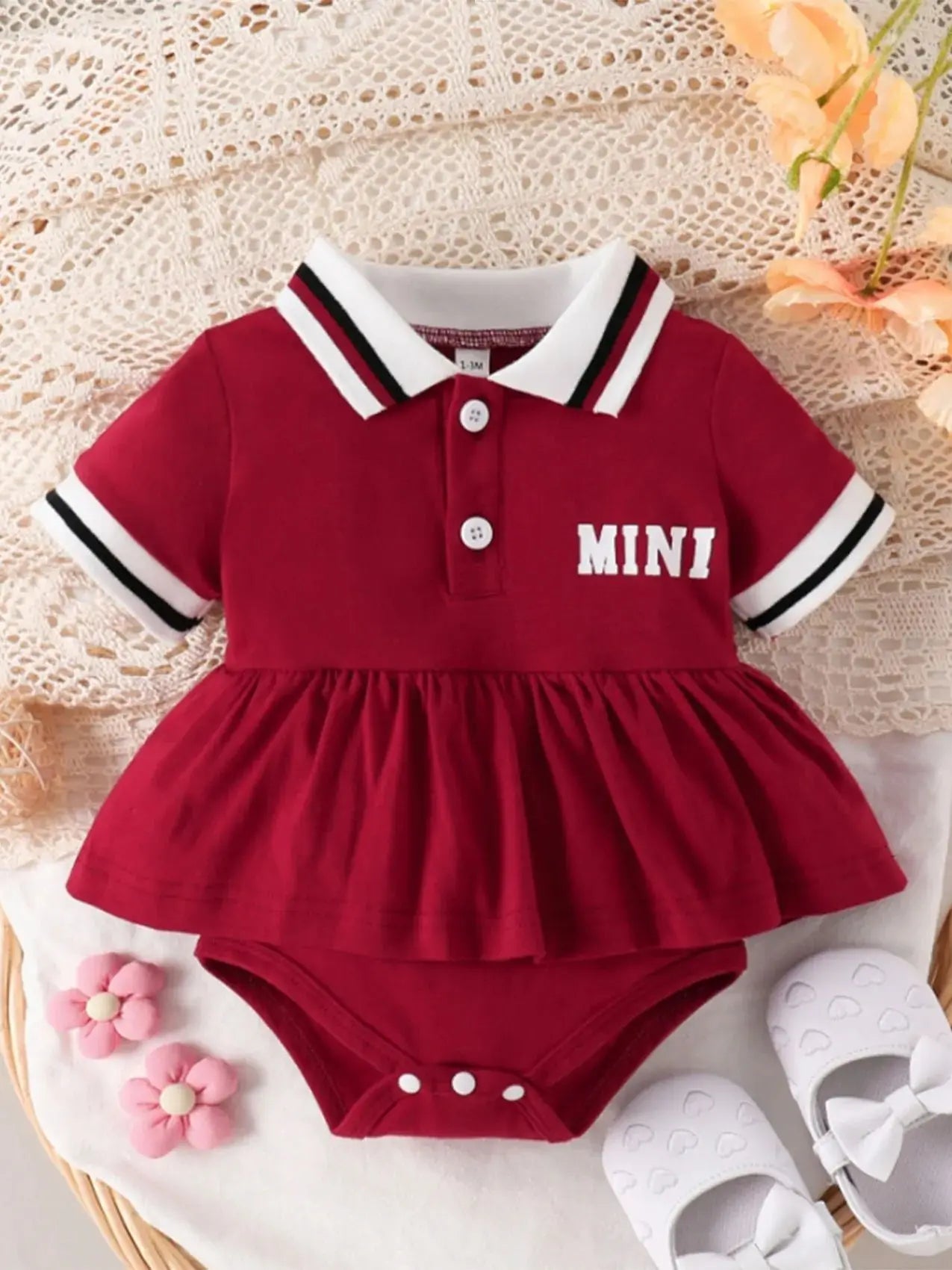 Baby Girl Red Polo Dress Set, Short-Sleeve "MINI" Letter Print Ruffled Dress with Bodysuit, Toddler Casual Outfit