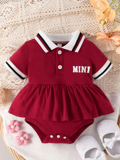 Baby Girl Red Polo Dress Set, Short-Sleeve "MINI" Letter Print Ruffled Dress with Bodysuit, Toddler Casual Outfit