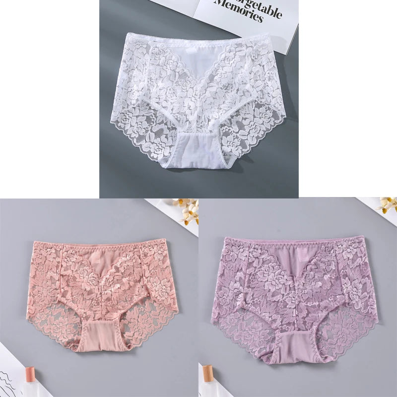 Women's High Waist Lace Shorts, Sexy Breathable Super Stretchy Underwear, Solid Color Fashion Women's Clothing, 3 Pieces