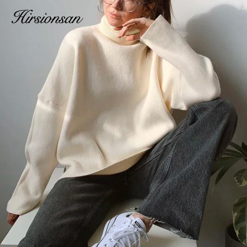 Hirsionsan Turtle Neck Cashmere Sweater Women Korean Style Elegant Thick Warm Female Knitted Pullovers Loose Casual Outwear 2023