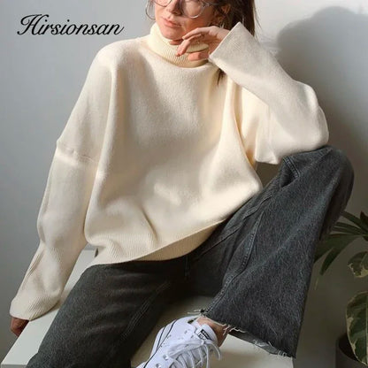 Hirsionsan Turtle Neck Cashmere Sweater Women Korean Style Elegant Thick Warm Female Knitted Pullovers Loose Casual Outwear 2023