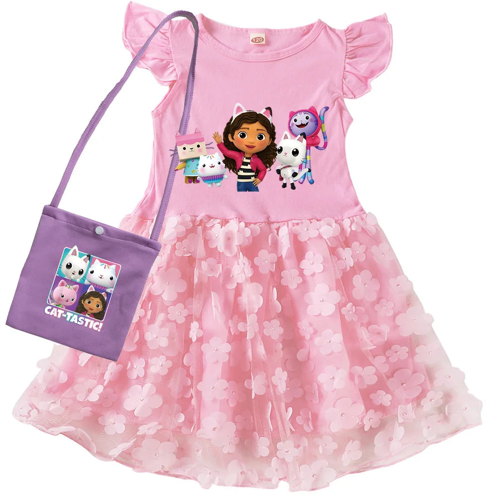 Vestidos Gabbys Dollhouse Costume Kids Cartoon Gabby Chat Dress Baby Girls Summer Short Sleeve Casual Dresses and Bag & Headband