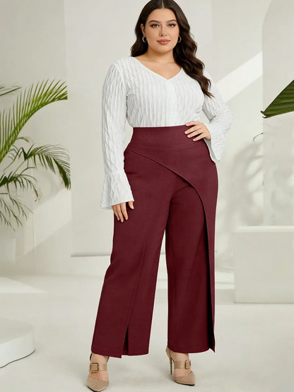 Plus Size Women's Pants High Waist Back Zipper Solid Textured Wide Leg Bottoms Elegant Spring Summer Office Stretch Bottoms