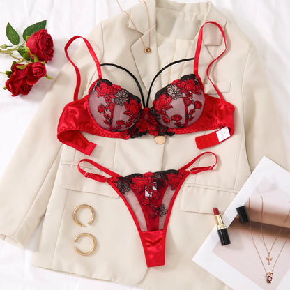 Women Red Floral Embroidery Lingerie Set Satin Sheer Mesh Underwire Bra & Thong Romantic Intimate Underwear ZA825127