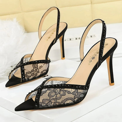 BIGTREE Shoes Lace Net High-heeled Sandals Women Shoes Summer Leopard Print Women Pumps Sexy Party Shoes Stiletto Heels 9 cm