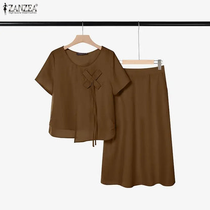 ZANZEA 2026Summer Outfits Elegant Women 2 Piece Sets O Neck Short Sleeve Blouse Dress Sets Solid A Line OL Work Midi Skirt Suit