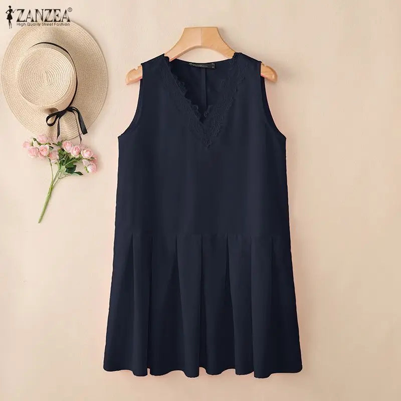 Summer Sleeveless Tops ZANZEA Women Blouses Lace Patchwork V Neck Pleated Blouse Streetwear OL Work Party Blusas Tops Tunic 3XL
