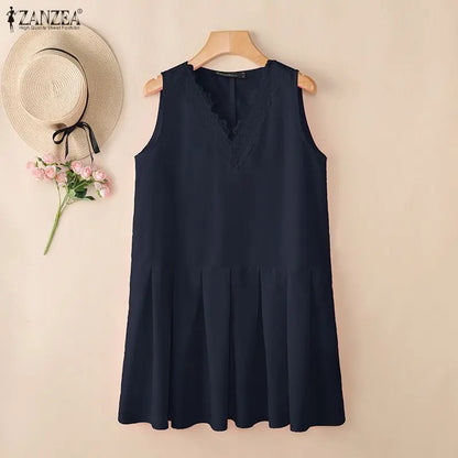 Summer Sleeveless Tops ZANZEA Women Blouses Lace Patchwork V Neck Pleated Blouse Streetwear OL Work Party Blusas Tops Tunic 3XL