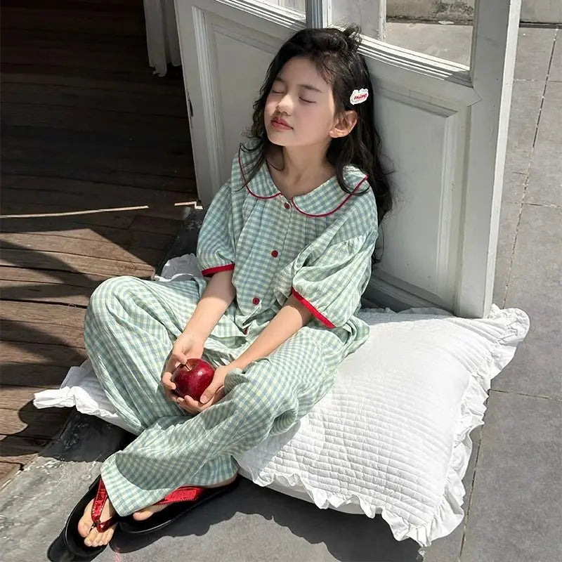Girls Summer Ice Silk Short Sleeve Loungewear Set with Doll Collar for Home Outdoor and Air Conditioning Wear