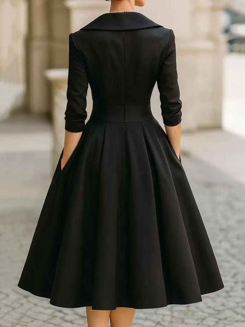 Women's Vintage V Neck Long Sleeve Wrap Waist A Line Midi Dress with Pockets