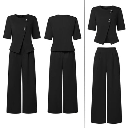 ZANZEA Women's Casual Pant Sets Wide Leg Pant & Short Sleeve Asymmetric Placket Tops 2 Pieces Sets Commute Pant Suits Outfits