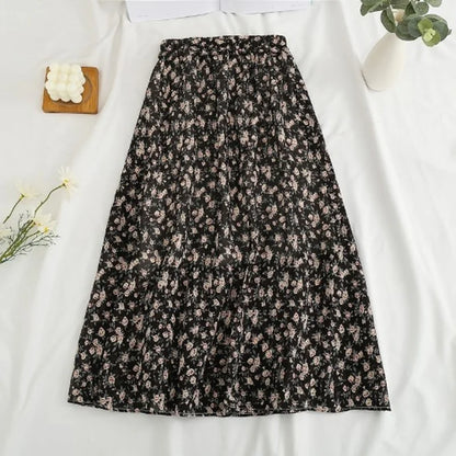 Summer Skirts Womens Vintage Floral Printed Chiffon Skirts Elastic High Waist Casual Midi A-Line Beach Skirts