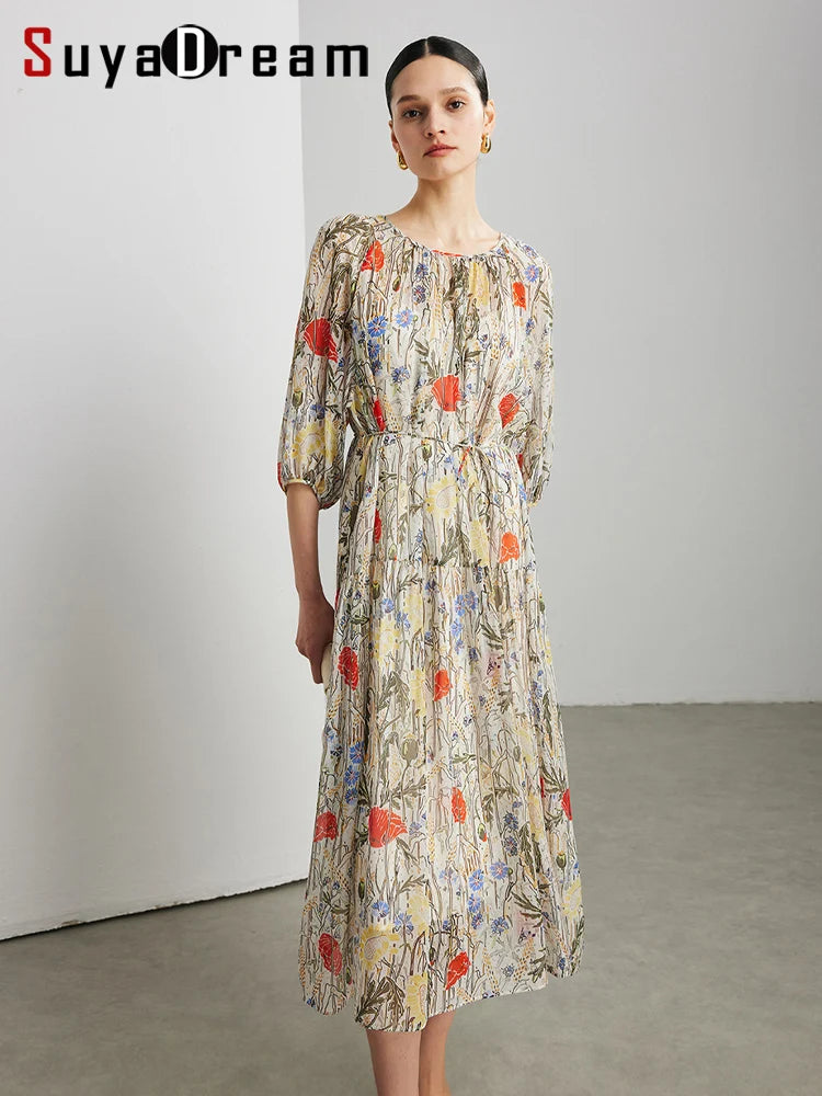 SuyaDream, Women's 100% Mulberry Silk Georgette Two-Piece Set Dress 2026 Summer New Floral Printed, Sheer Long Dress， Beige