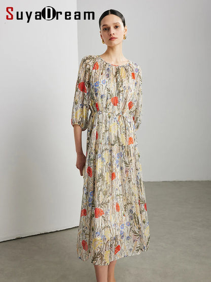 SuyaDream, Women's 100% Mulberry Silk Georgette Two-Piece Set Dress 2026 Summer New Floral Printed, Sheer Long Dress， Beige