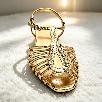 NEW Style Cage Flat Sandals Women Metallic Finish Ankle Strap Buckle Gladiator Sandals for Girls Summer Luxury Designer Shoes