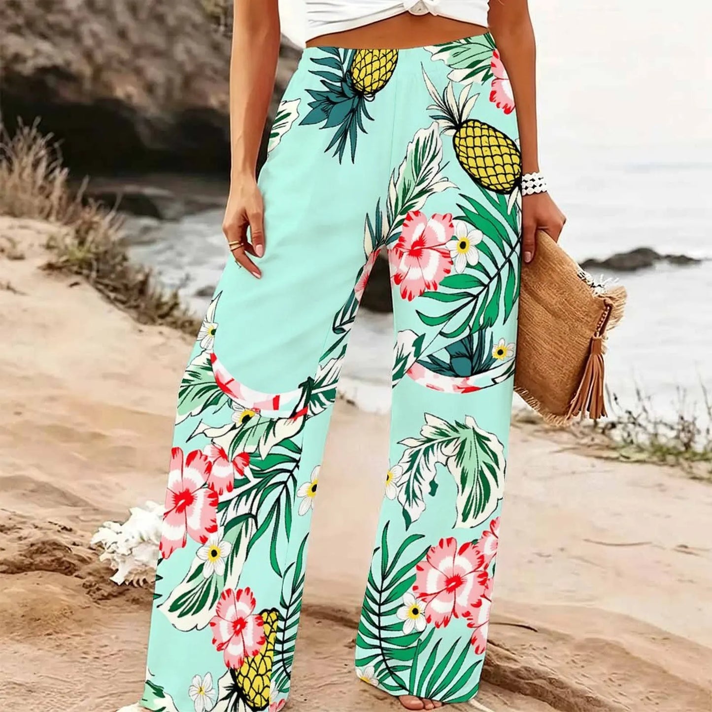 Women's Summer Beach Wide Leg Trousers Floral Print Elastic High Waist Loose Fit Casual Vacation Palazzo Pants