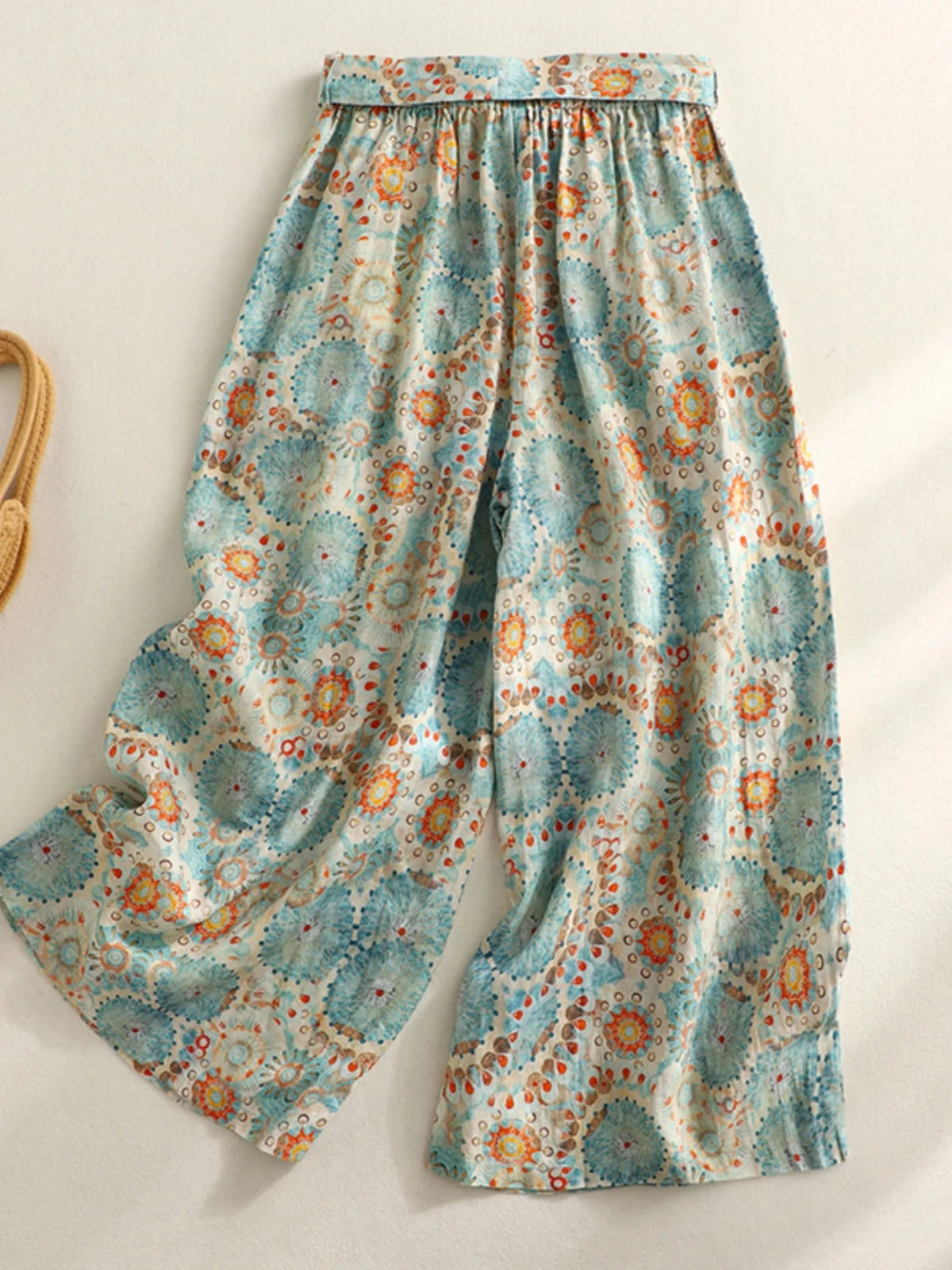 Retro Print Cotton Linen Wide Leg Pants High Waist Belted Slimming Casual Straight Nine Point Trousers for plus Size Women