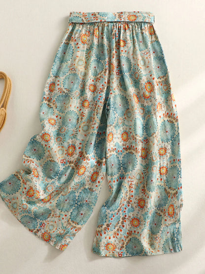 Retro Print Cotton Linen Wide Leg Pants High Waist Belted Slimming Casual Straight Nine Point Trousers for plus Size Women