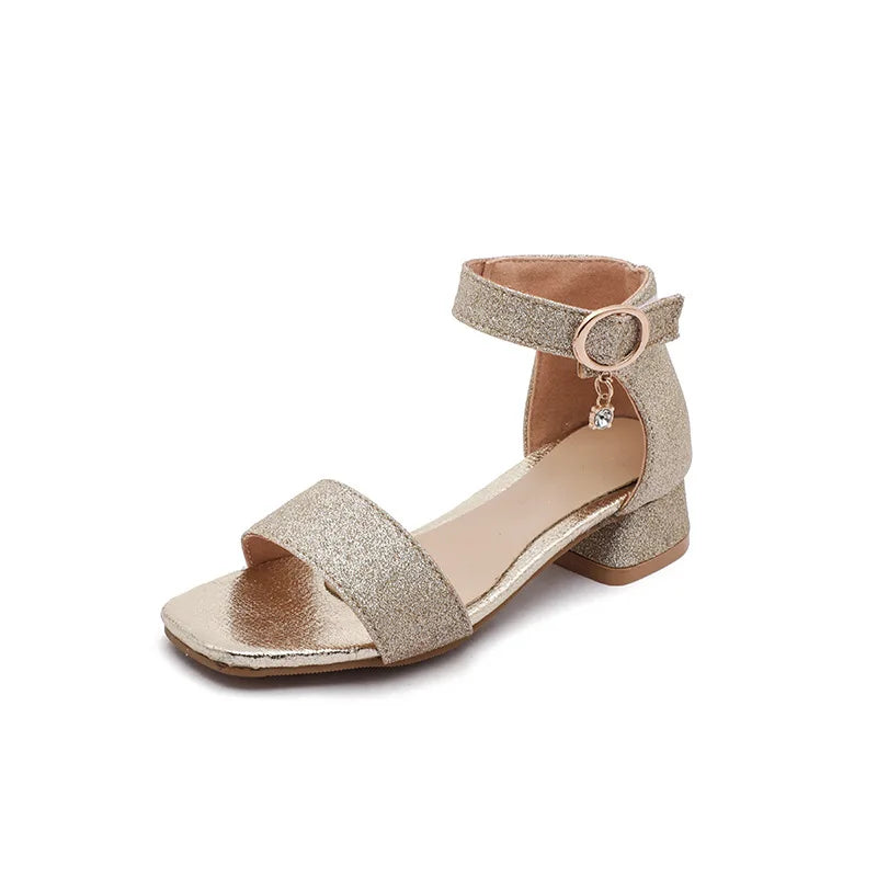 2025 Summer New Children's Sandals Fashion Girls' High Heels Silver Sequins Open Toed Girls' Princess Sandals