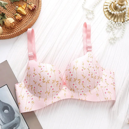 Retro Floral Print Bras Push Up Bra Small Chest Thick Mold Cup No Steel Ring Wirelss Bra Student Seamless Sweet Bra For Girls