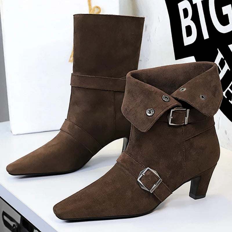 BIGTREE Shoes New Belt Buckle Design Women Boots Suede Retro Women's Ankle Boots Square Head Short Boots Middle Heel Boots