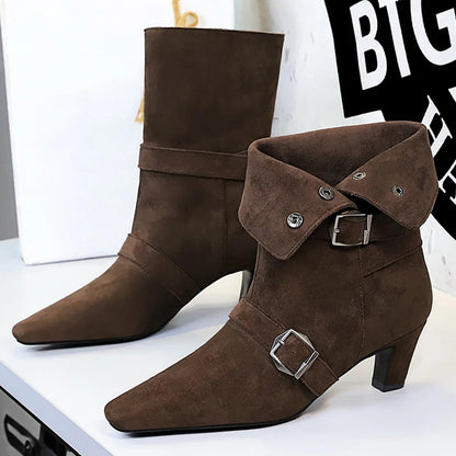 BIGTREE Shoes New Belt Buckle Design Women Boots Suede Retro Women's Ankle Boots Square Head Short Boots Middle Heel Boots