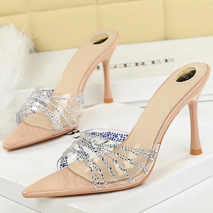 BIGTREE Shoes Transparent Design High-heeled Sandals Rhinestone Women Pumps Stiletto 9 cm Heels Summer Open Toed Pointed Sandals