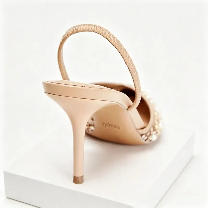Luxury Designer Bling String Bead Mesh High Heels Women Sexy Pointy Toe Breathable Heeled Sandals Elegant Slingbacks Women Pumps
