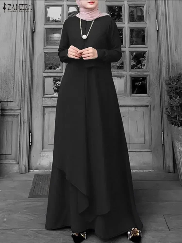 2026 ZANZEA Ramadan Robe Modest Elegant Muslim Abaya Dress Women Spring Long Sleeve Dresses Irregular Sundress IsIamic Clothing