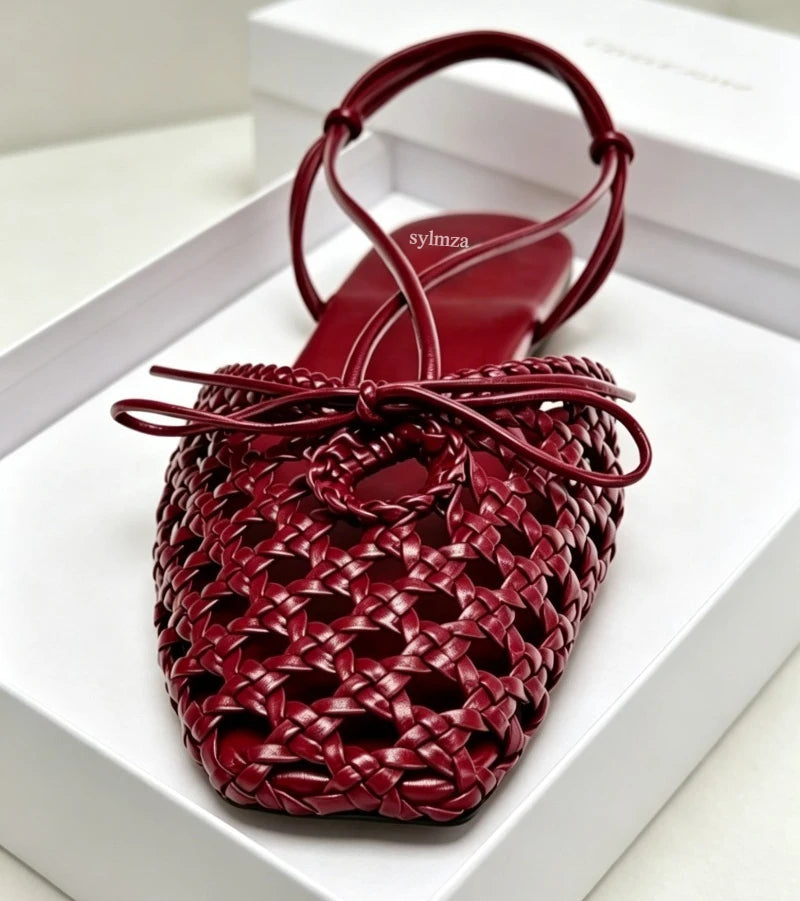 Hand Woven Back Strap Flat Sandals Women Braided Upper Design Slingback Cage Flats for Girl Cute Bow Detail Summer Casual Shoes
