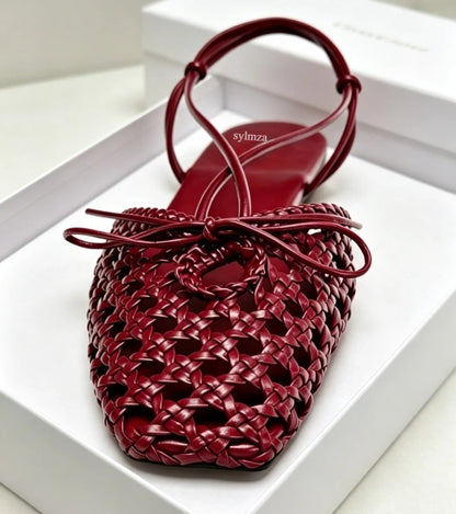 Hand Woven Back Strap Flat Sandals Women Braided Upper Design Slingback Cage Flats for Girl Cute Bow Detail Summer Casual Shoes