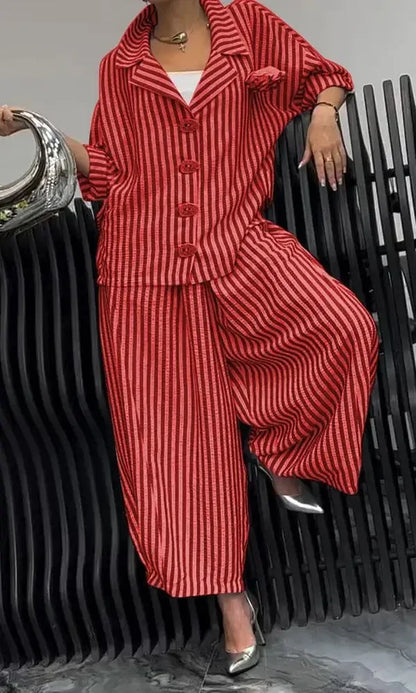 New Women Casual Tracksuits Set Long Sleeve Fashion Striped Blouse and Wide Leg Pants Suit Large Big 5xl Female Two Piece Sets