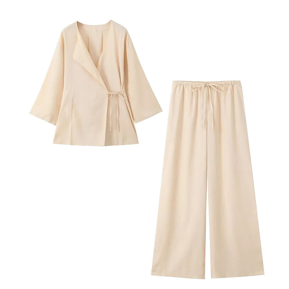 HH 2025 Spring Women Fashion Linen Suits New Solid Cardigan Kimono Top + Versatile Outerwear Female Wide Leg Long Pant