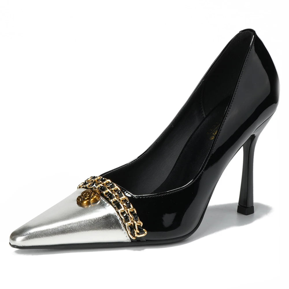BIGTREE Shoes Women Pumps Metal Chain Design High Heels Color Blocking Ladies Shoes Luxury Banquet Shoes Stiletto Heels 10 CM