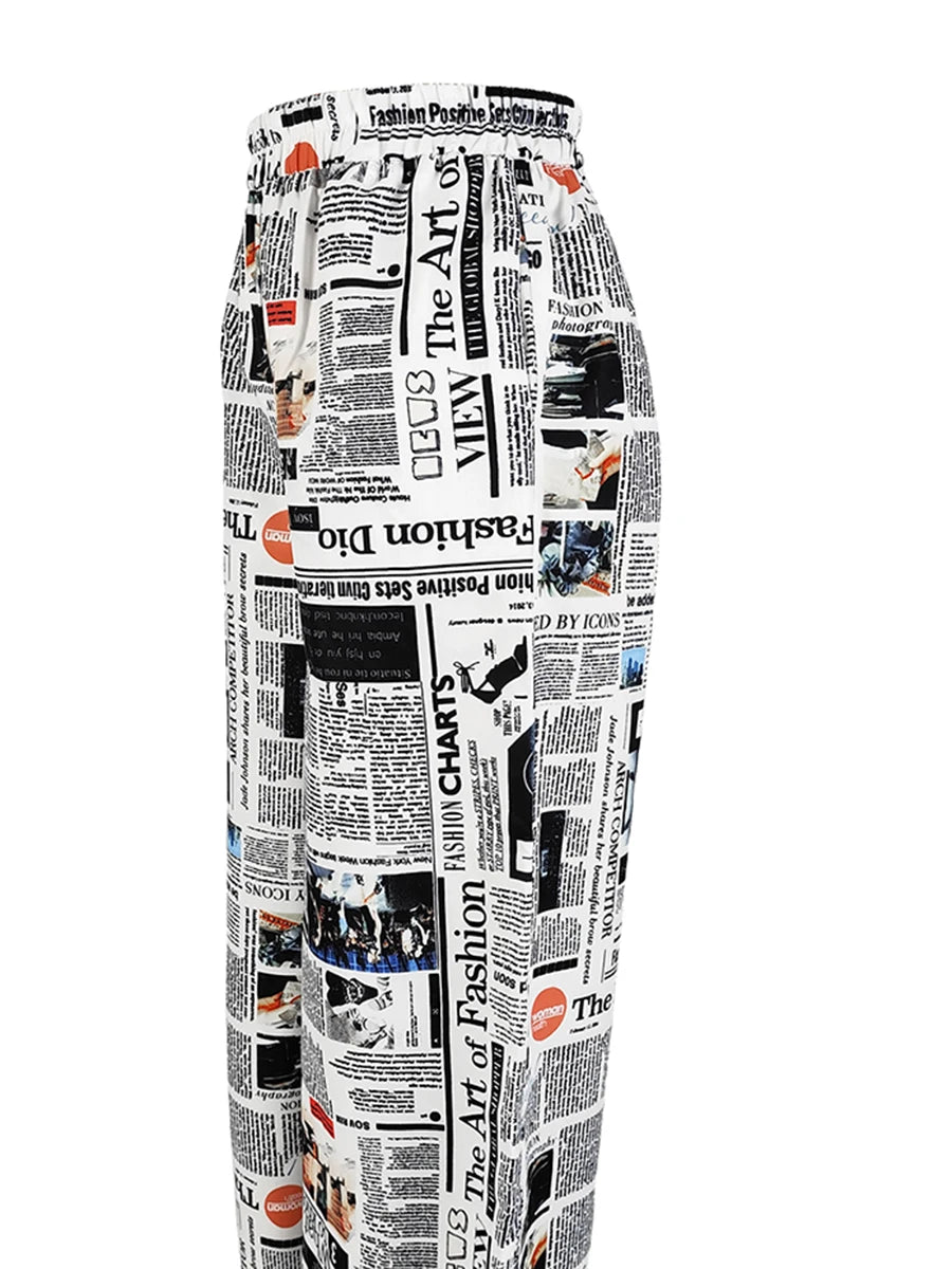 Women Vintage Newspaper Print Wide Leg Pants High Waist Lace Up Loose Casual Trousers Fashion Streetwear Baggy Pants Female