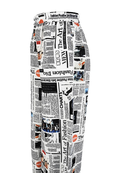Women Vintage Newspaper Print Wide Leg Pants High Waist Lace Up Loose Casual Trousers Fashion Streetwear Baggy Pants Female