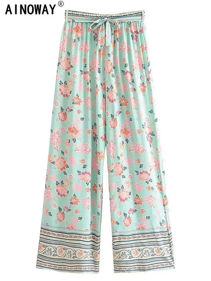 Vintage Chic Fashion Women Floral Print Wide Leg Bohemian Pants Lady Sashes Loose Rayon Boho Long Pant Trousers Streetwear