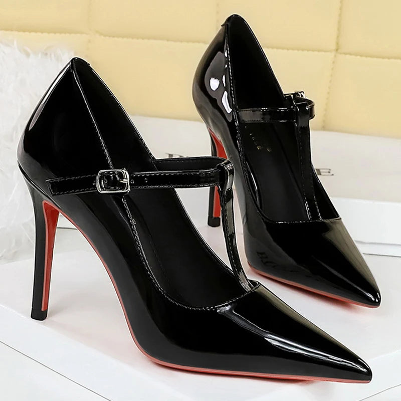 Luxury Women Pumps High Heels Women 10 cm Stilettos Heels T-band Ladies Pumps Patent Leather Women Heels Luxury Banquet Shoes