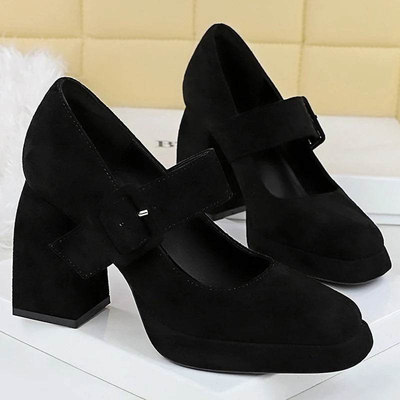 BIGTREE Shoes Spring Chunky Women Pumps Belt Buckle High Heels Square Headed Platform Heels Suede Block Heels Ladies Shoes New