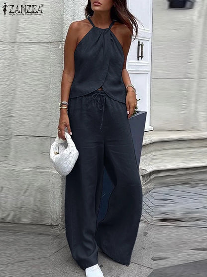 ZANZEA Women's Streetwear 2 Pieces Pant Sets 2026 Summer Fashion Sleeveless Halter Tops & Elastic Waist Pants Suits 2PCS Outfits