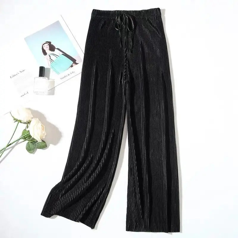 2026 Spring and Summer Loose Chiffon Ice Silk Women's Pants, Pleated Slim Wide-Leg Trousers