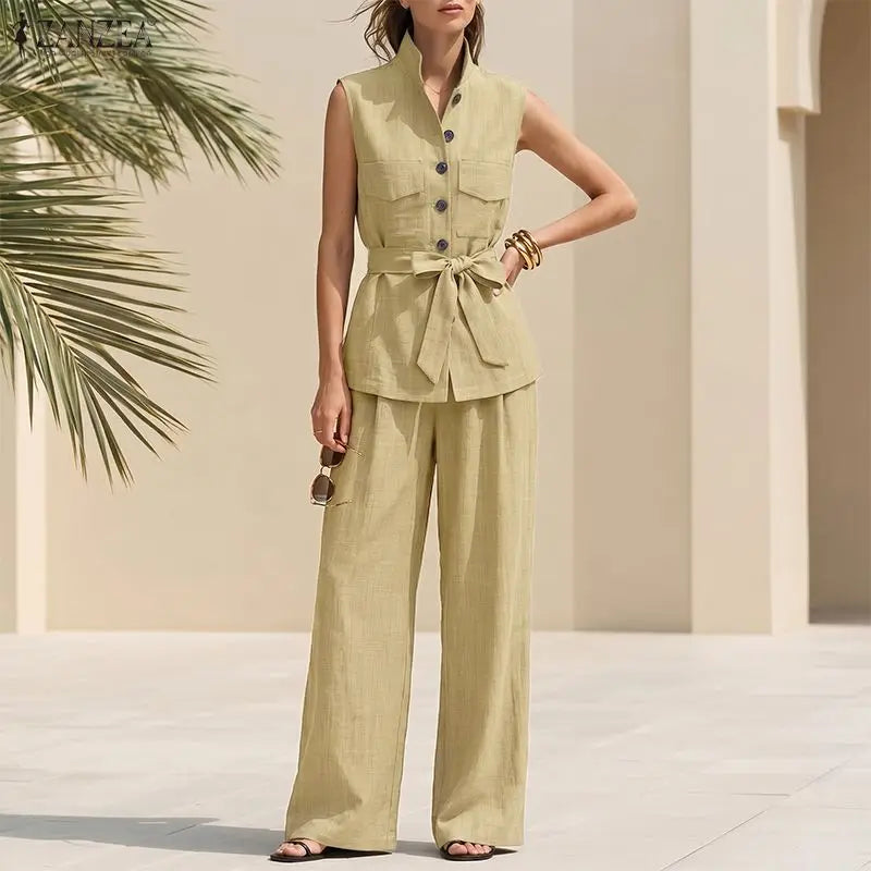 ZANZEA Stylish Summer Sleeveless Tanks Tops Pant Sets Women Elegant Casual Holiday Outfits Solid OL Work Tracksuit 2 Pieces Sets