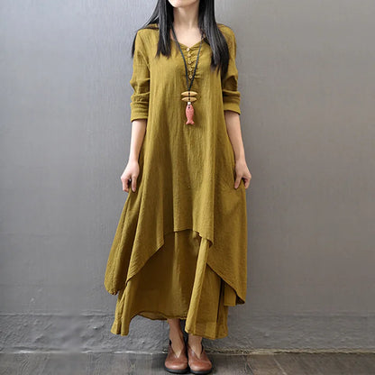 Irregular Button Women's Cotton and Linen Pocket Dress Korean Round Neck Short Sleeved Loose Solid Color Irregular Double-Layer