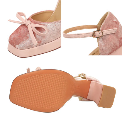 BIGTREE Shoes Suede Women Pumps Thick Heeled Shoes With High Heels Bowknot Platform Heels 9 CM Buckle High-heeled Sandals Summer