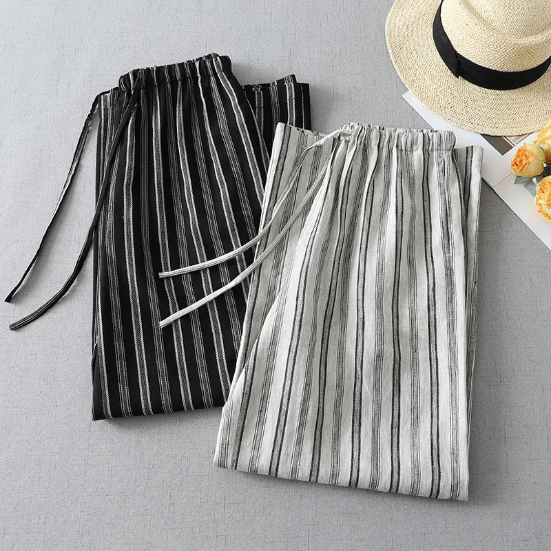 Limiguyue Vintage Soft Casual Wide Leg Linen Pants Women Summer Daily Loose Elastic Waist Long Striped Trousers Breathable T526