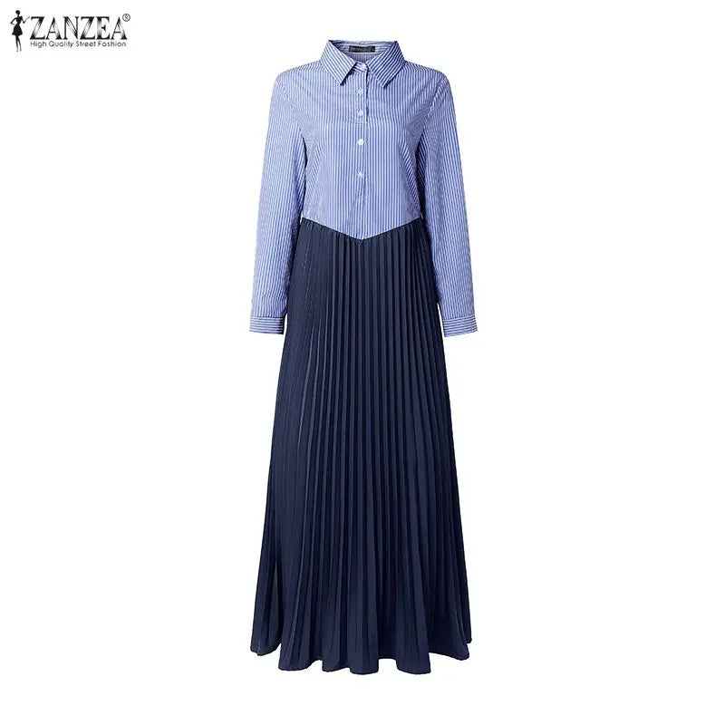 ZANZEA Ramadan Robe Stylish Women Patchwork Muslim Abaya Maxi Dresses Casual Long Sleeve Pleated Sundress Kaftan Hijab Vestido