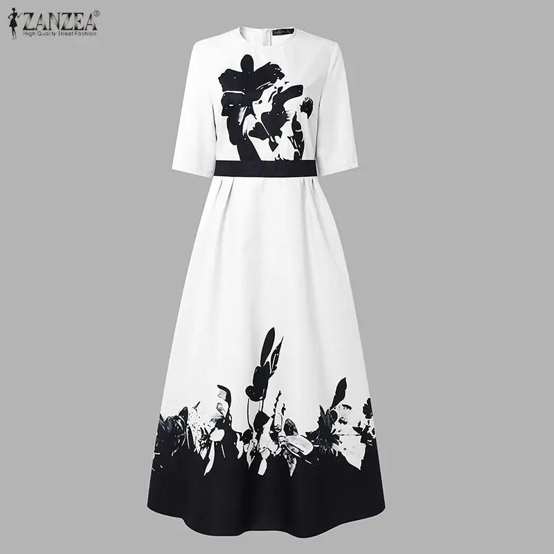 ZANZEA Stylish Floral Printed Dress Bohemian Women Maxi Long Dress Trend O Neck Half Sleeve Party Dresses Elegant Evening Gown