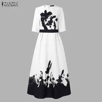 ZANZEA Stylish Floral Printed Dress Bohemian Women Maxi Long Dress Trend O Neck Half Sleeve Party Dresses Elegant Evening Gown