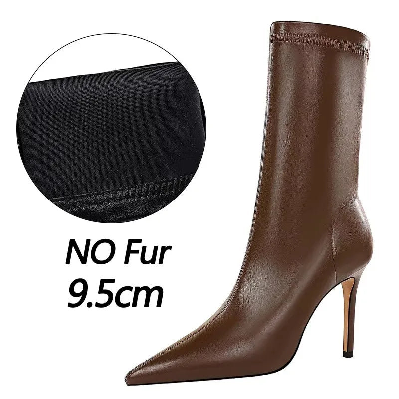 BIGTREE Shoes 2026 New Women Mid-Calf Boots Pointed Toe High-heel Boots Stiletto Heels Leather Boots Fashion Autumn Winter Boots